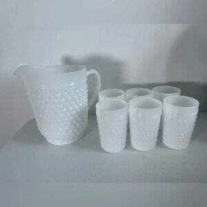 Vintage Anchor Hocking White Hobnail‎ Milkglass Pitcher and Glasses